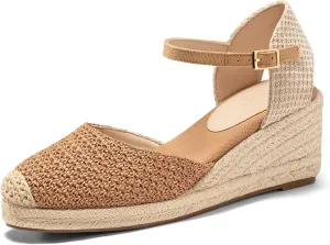 Coutgo Womens Platform Wedge Sandals Espadrilles Raffia Closed Toe Heels Ankle Buckle Strap Summer Beach Shoes