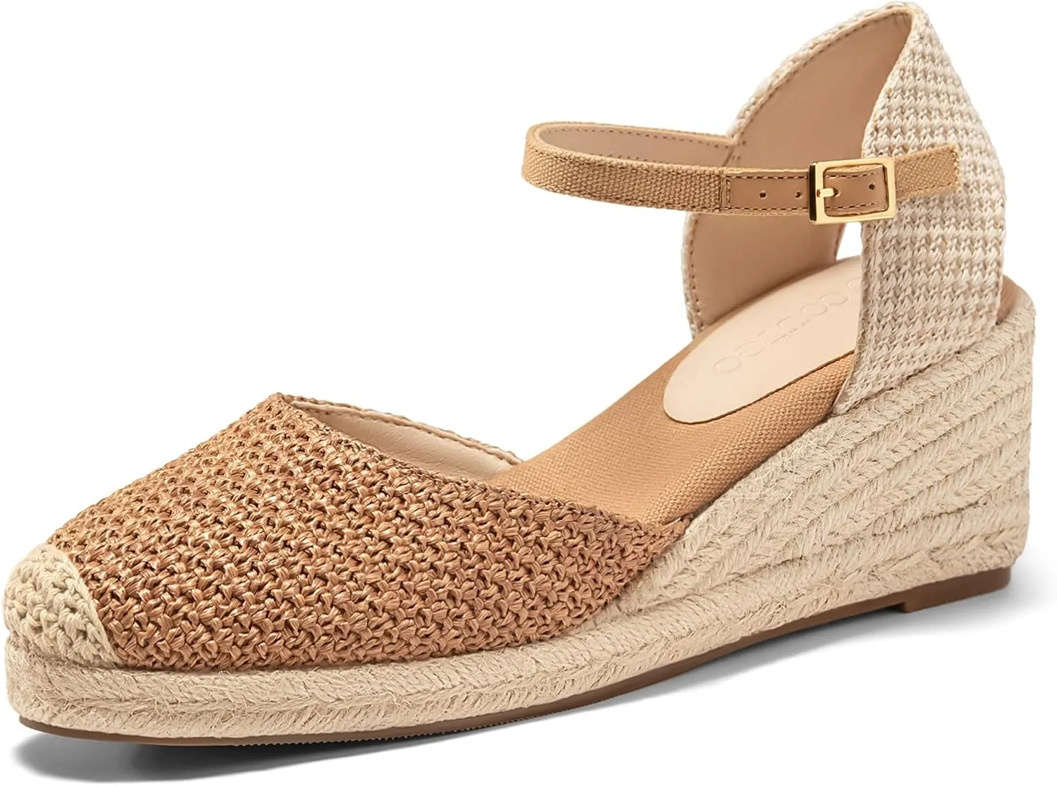 Coutgo Womens Platform Wedge Sandals Espadrilles Raffia Closed Toe Heels Ankle Buckle Strap Summer Beach Shoes