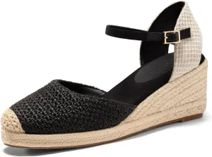 Coutgo Womens Platform Wedge Sandals Espadrilles Raffia Closed Toe Heels Ankle Buckle Strap Summer Beach Shoes