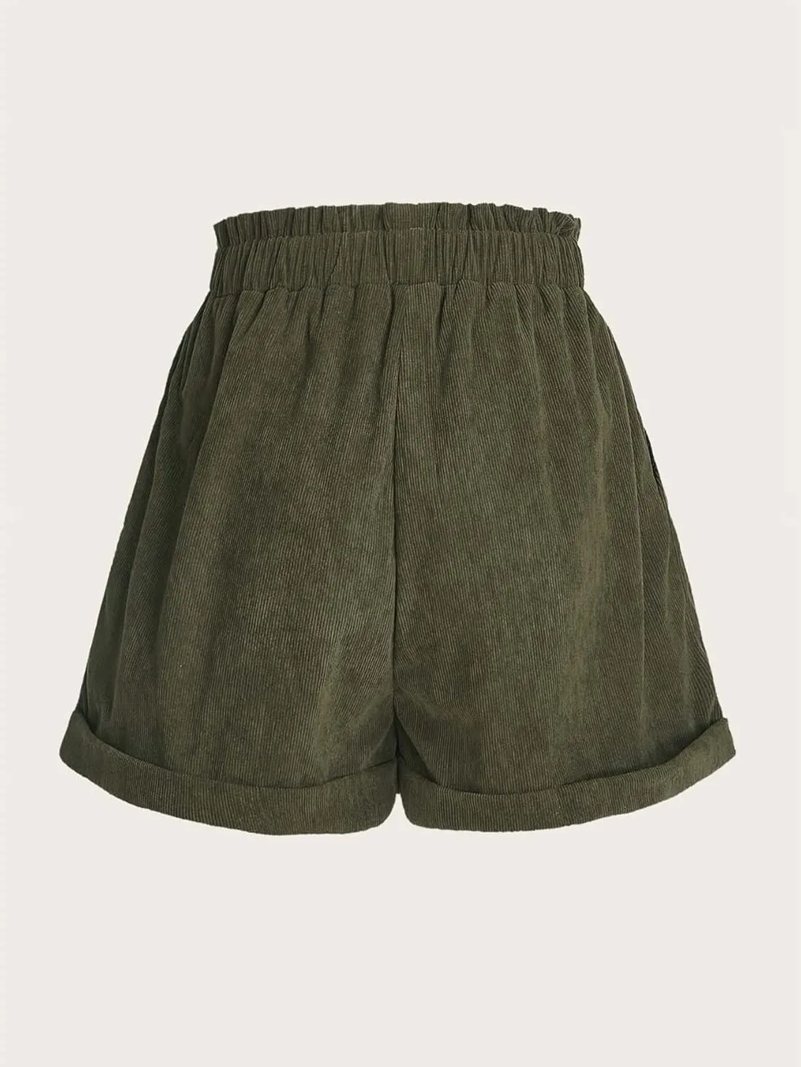 COZYEASE Women's Plants Embroidery Corduroy Shorts Paperbag Waist Elastic Waist Straight Leg Casual Shorts