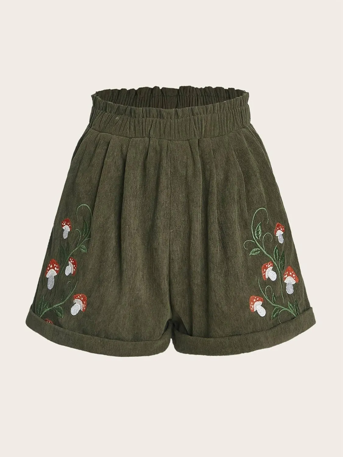 COZYEASE Women's Plants Embroidery Corduroy Shorts Paperbag Waist Elastic Waist Straight Leg Casual Shorts