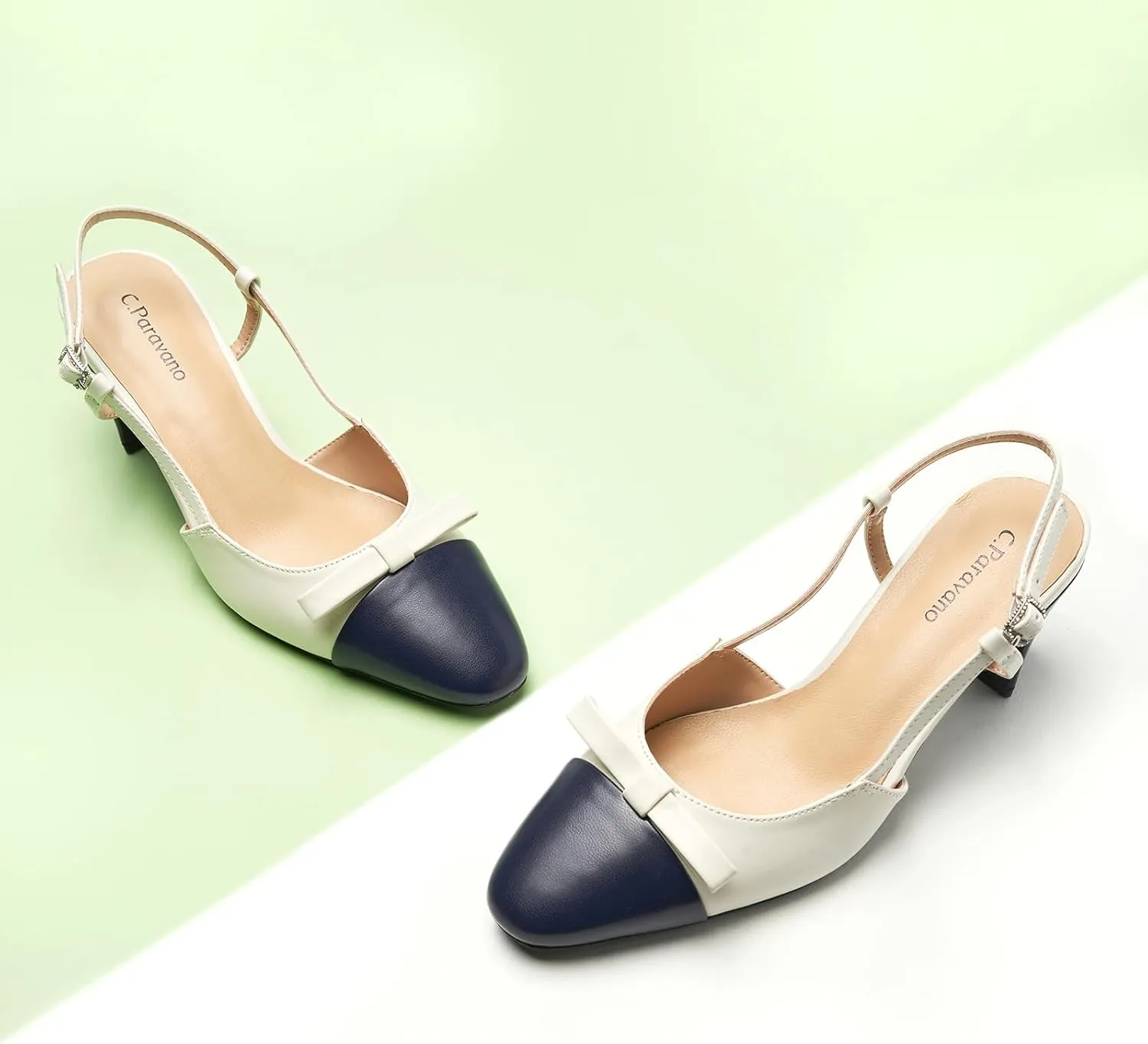 C.Paravano Women's Slingback Low Chunky Heels Round Toe Block Heel Pumps Splicing Bowknot Slip On Fashion Party Dress Shoes