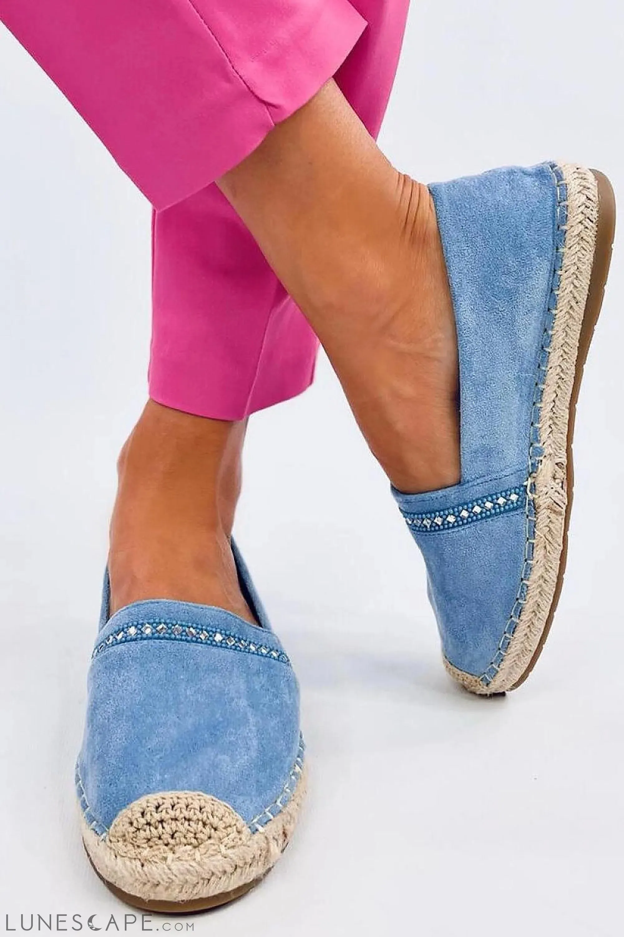 Crystal-Trimmed Sky Blue Espadrille Flats – Eco-Suede with Jute Cap Toe