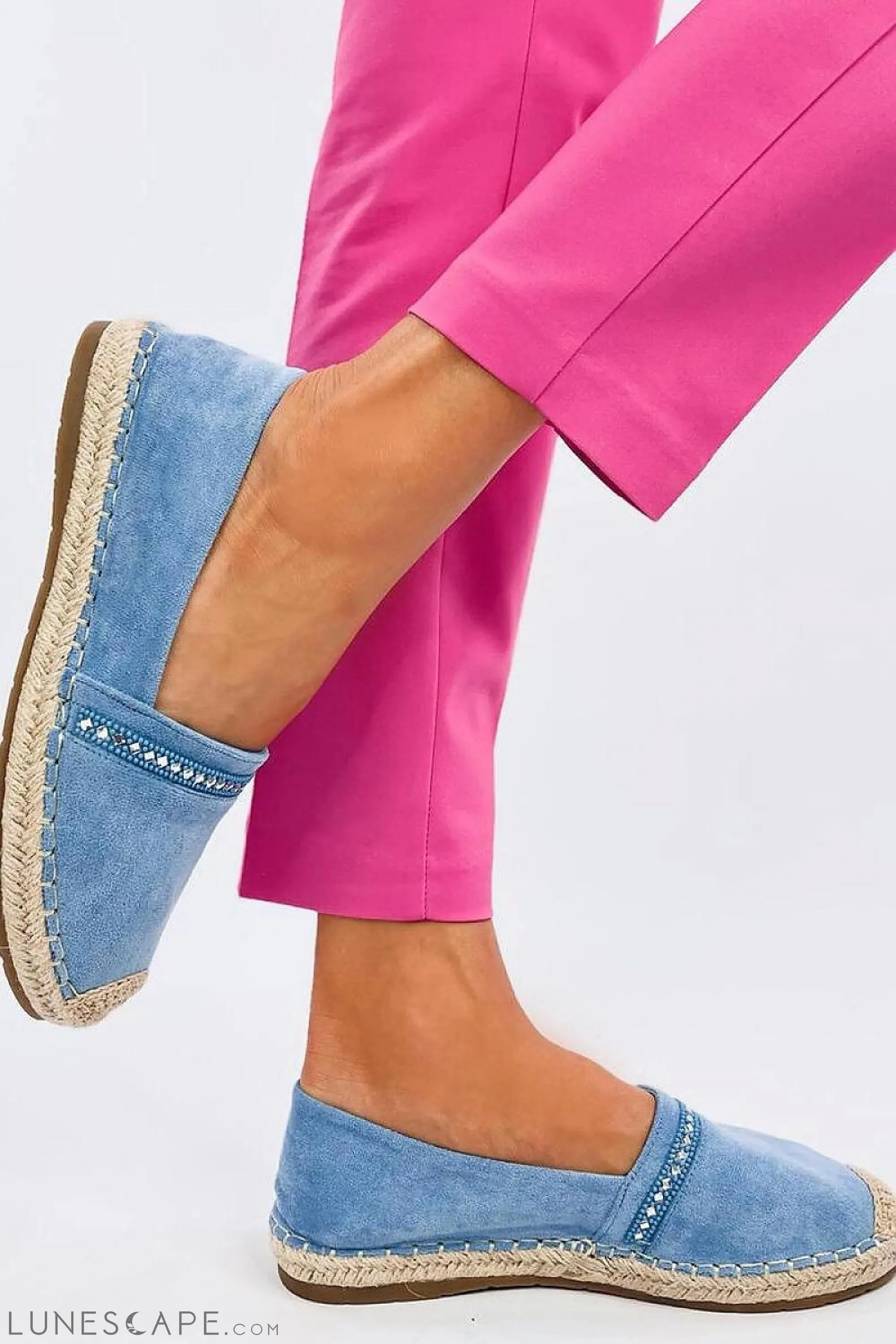 Crystal-Trimmed Sky Blue Espadrille Flats – Eco-Suede with Jute Cap Toe