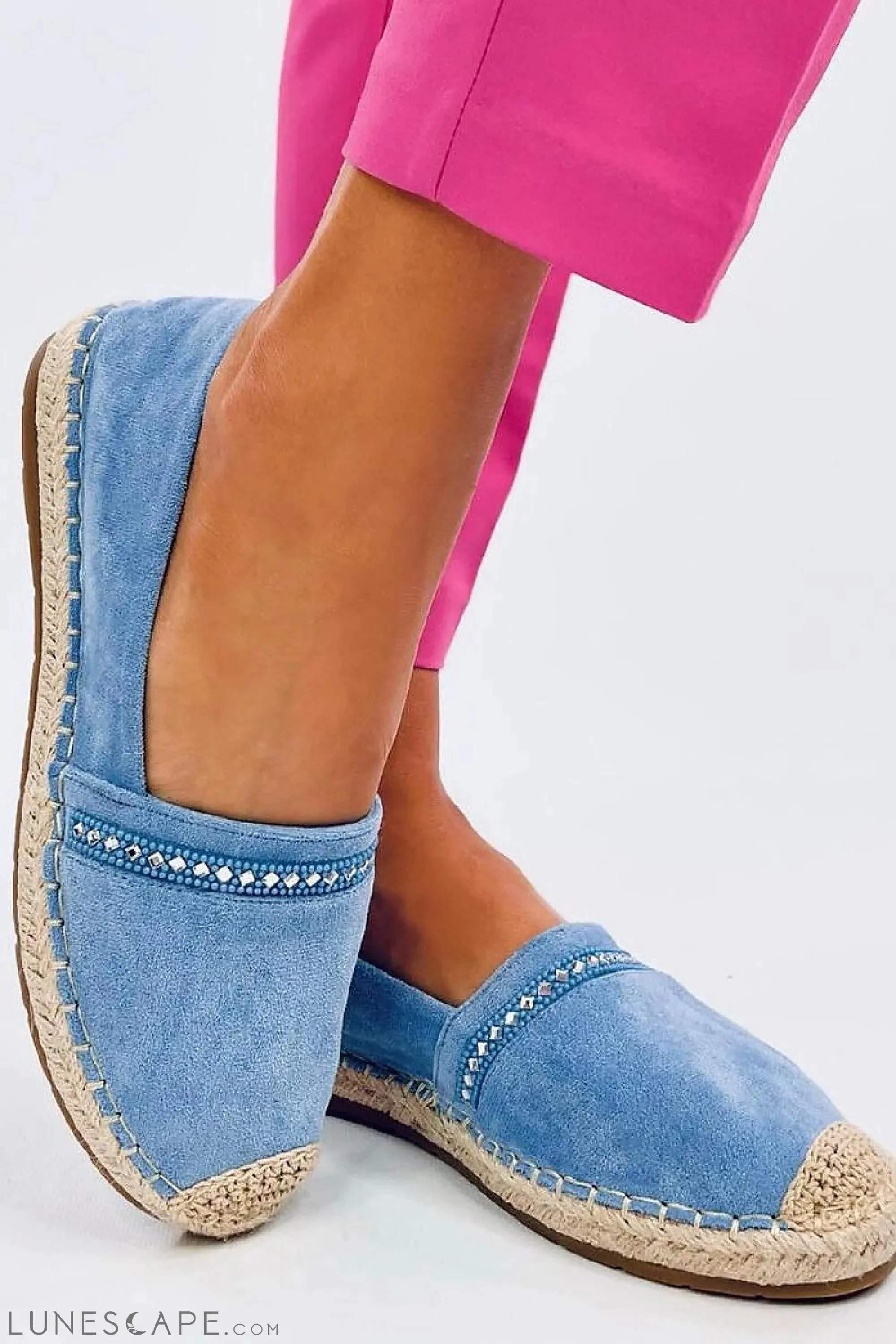 Crystal-Trimmed Sky Blue Espadrille Flats – Eco-Suede with Jute Cap Toe