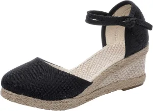 CsgrFagr Women Sandals Wedge Low Heel Roman Wedge Ladies Fashion Elastic Strap Carved Breathable Shoes Thick Soled Wedges Casual Sandals Womens Fancy Sandals Size 8 (Black, 6)
