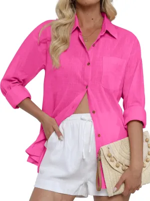 CUNLIN Women's Button Down Shirts Long Sleeve Cotton Summer Beach Wear for Women with Pocket