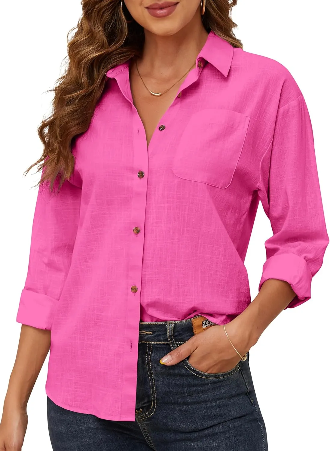 CUNLIN Women's Button Down Shirts Long Sleeve Cotton Summer Beach Wear for Women with Pocket