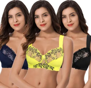 Curve Muse Plus Size Minimizer Unlined Wireless Bra with Lace Embroidery-3Pack