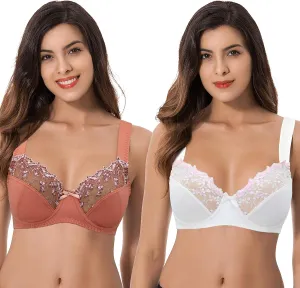 Curve Muse Women's Plus Size Minimizer Underwire Bra with Lace Embroidery-2or3PK