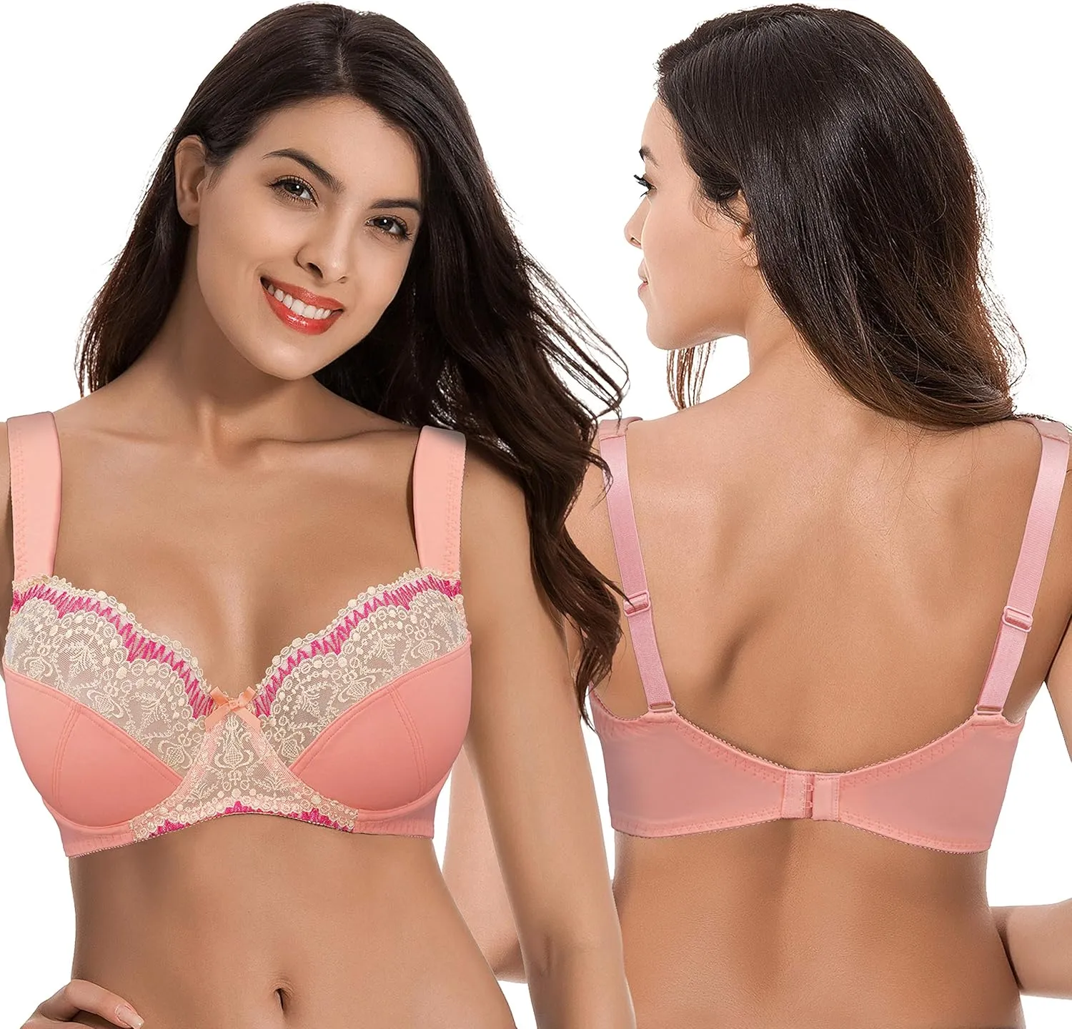 Curve Muse Women's Plus Size Minimizer Underwire Bra with Lace Embroidery-2or3PK