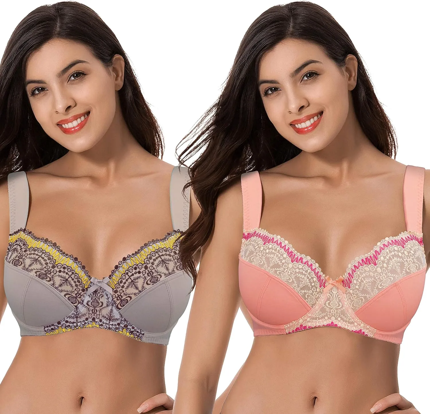 Curve Muse Women's Plus Size Minimizer Underwire Bra with Lace Embroidery-2or3PK