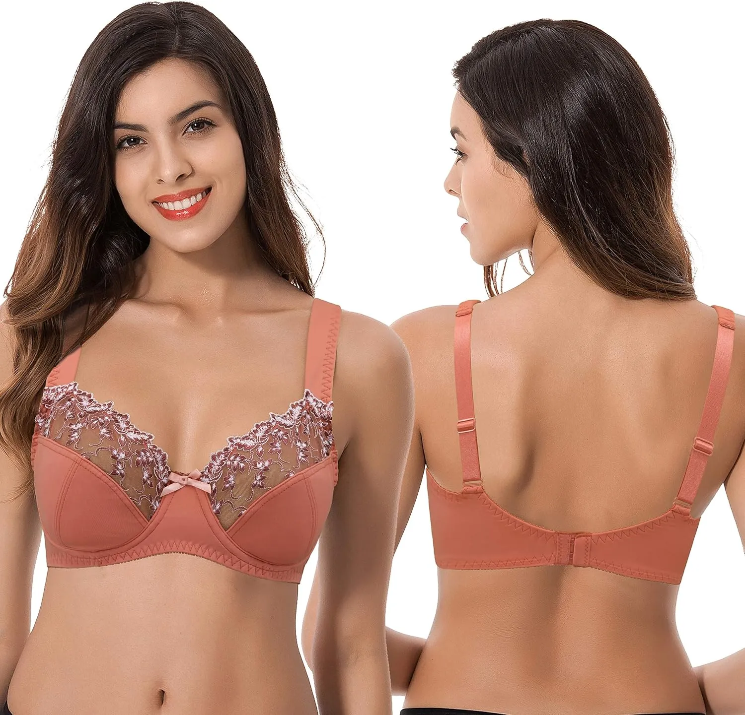 Curve Muse Women's Plus Size Minimizer Underwire Bra with Lace Embroidery-2or3PK
