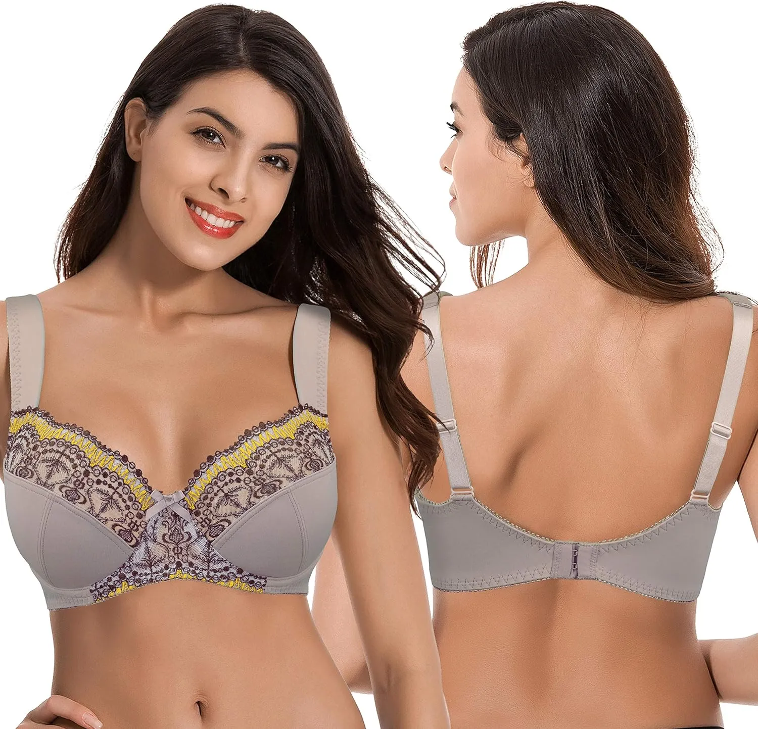 Curve Muse Women's Plus Size Minimizer Underwire Bra with Lace Embroidery-2or3PK