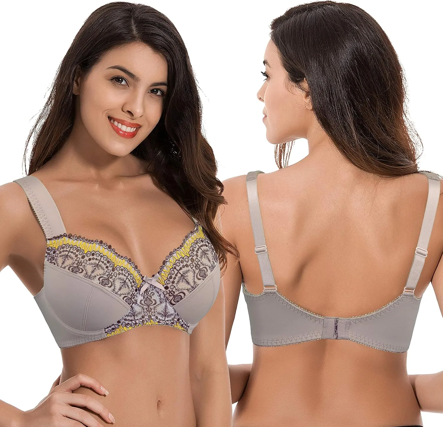 Curve Muse Women's Plus Size Minimizer Underwire Bra with Lace Embroidery-2or3PK