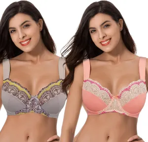 Curve Muse Women's Plus Size Minimizer Underwire Bra with Lace Embroidery-2or3PK