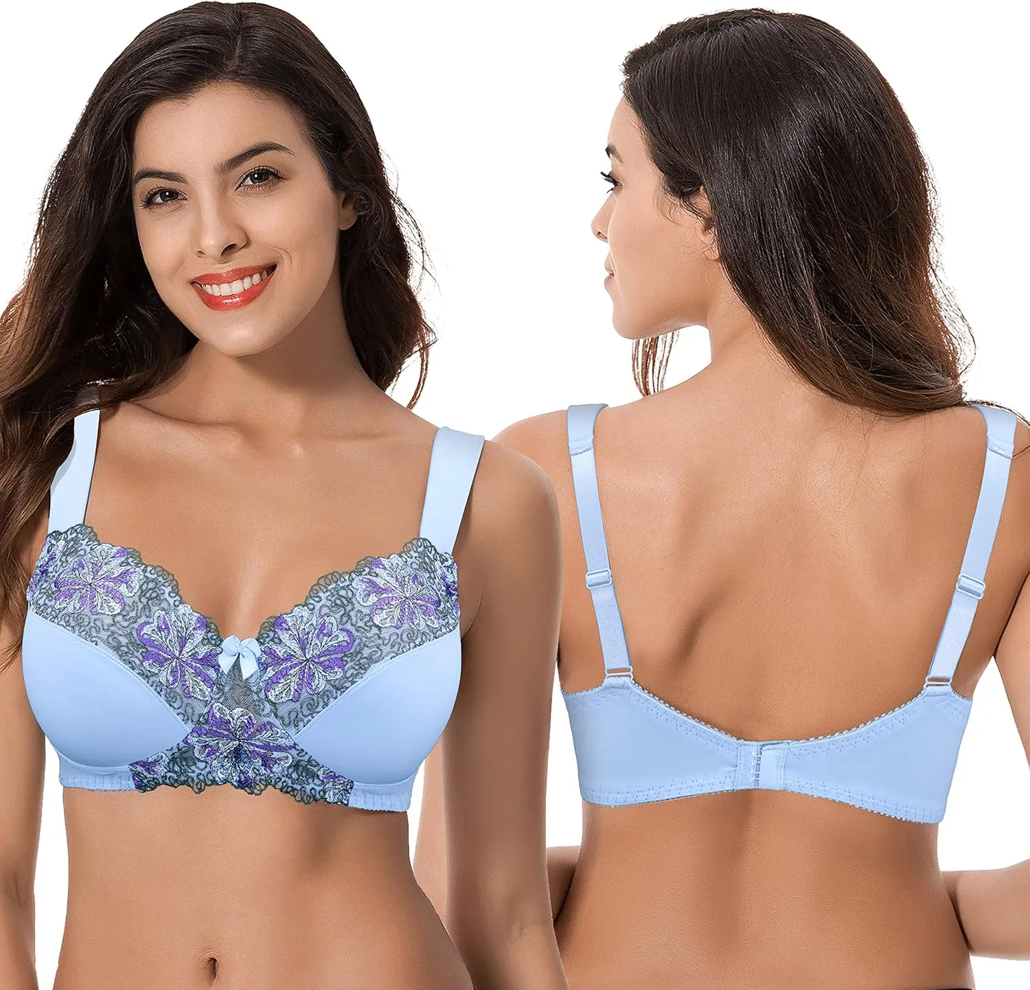 Curve Muse Women's Plus Size Minimizer Wireless Unlined Bra with Embroidery Lace