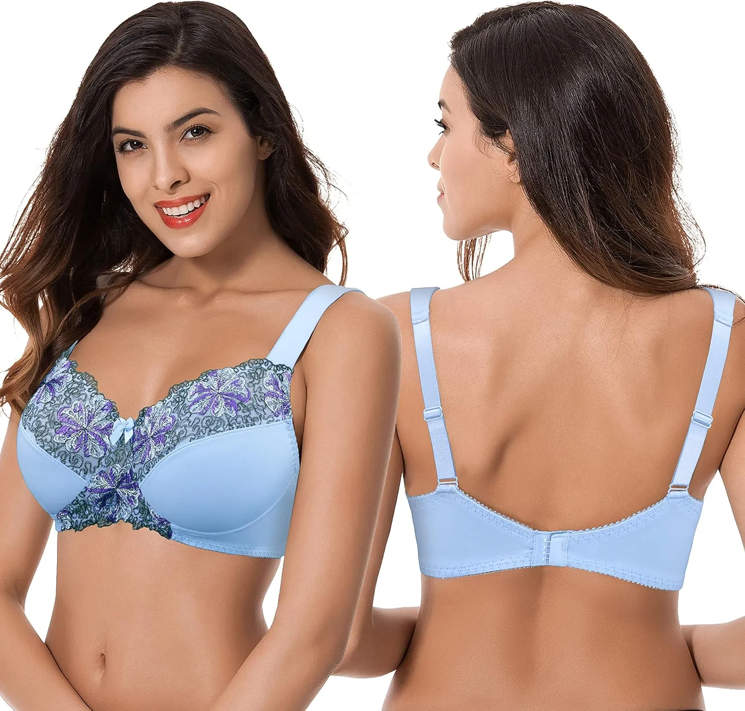 Curve Muse Women's Plus Size Minimizer Wireless Unlined Bra with Embroidery Lace