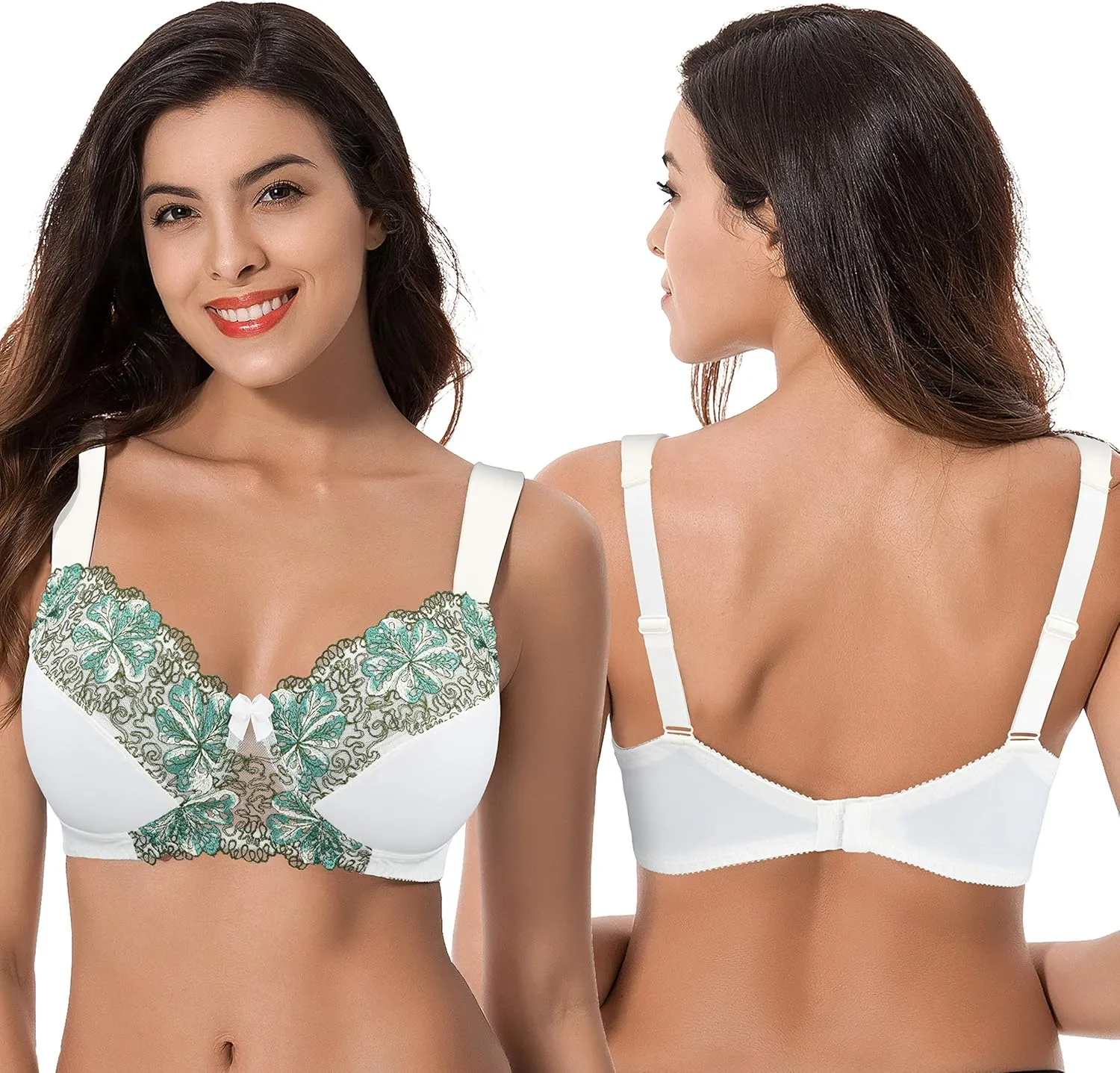 Curve Muse Women's Plus Size Minimizer Wireless Unlined Bra with Embroidery Lace