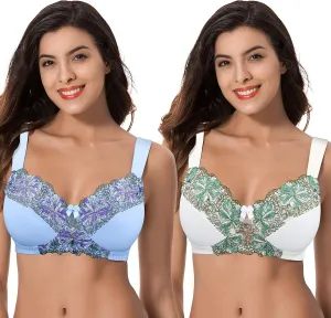 Curve Muse Women's Plus Size Minimizer Wireless Unlined Bra with Embroidery Lace
