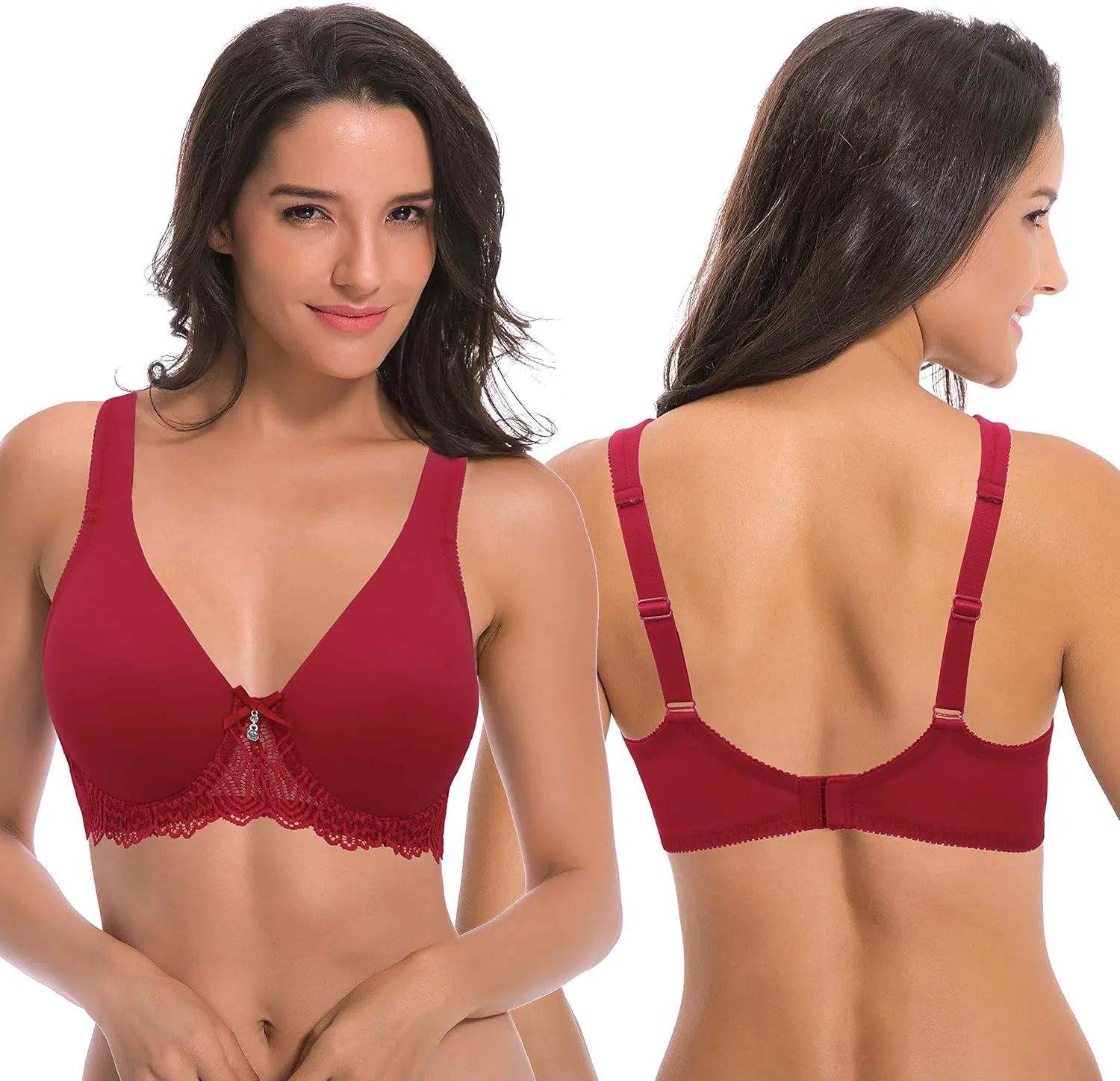 Curve Muse Women's Plus Size Unlined Underwire Lace Bra with Cushion Straps-2PK
