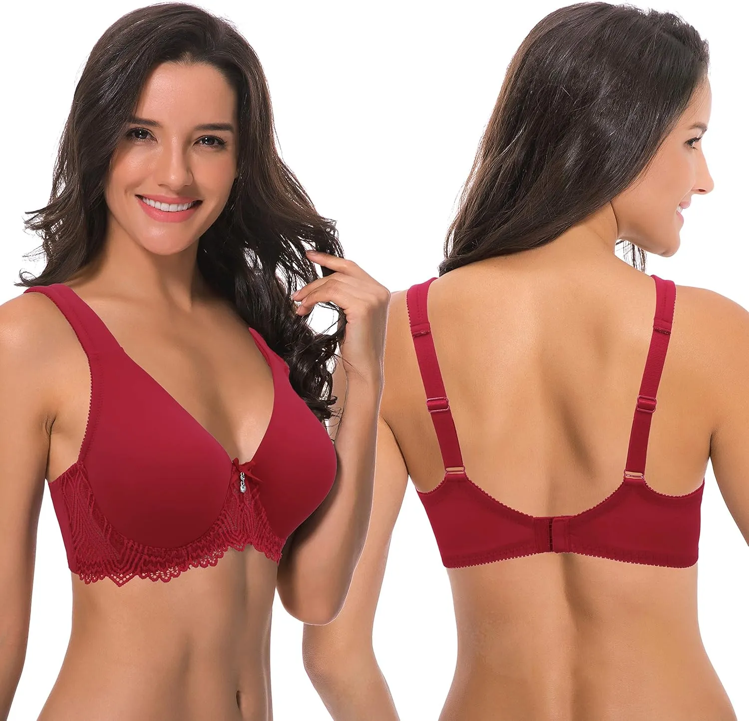 Curve Muse Women's Plus Size Unlined Underwire Lace Bra with Cushion Straps-2PK