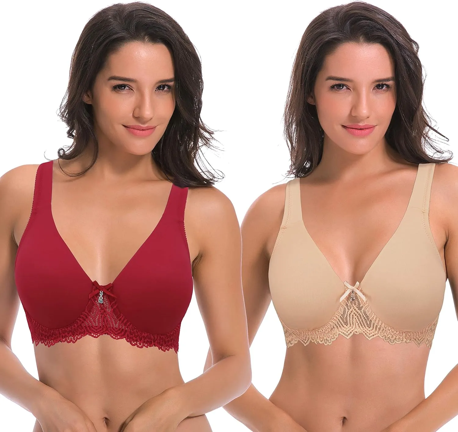 Curve Muse Women's Plus Size Unlined Underwire Lace Bra with Cushion Straps-2PK
