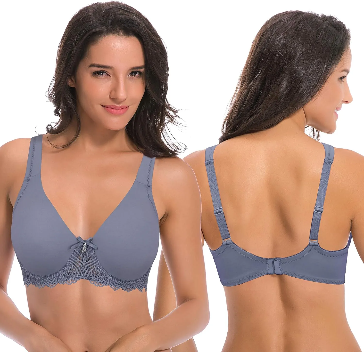 Curve Muse Women's Plus Size Unlined Underwire Lace Bra with Cushion Straps-2PK