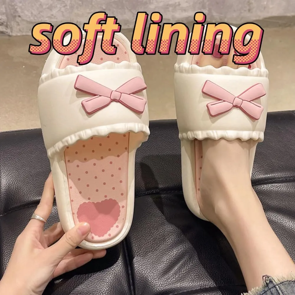 Cute Bow Slippers for Women Sweet Girly Design Soft Eva Thick Sole Non-Slip Indoor & Outdoor Home Slippers Perfect for Summer Days
