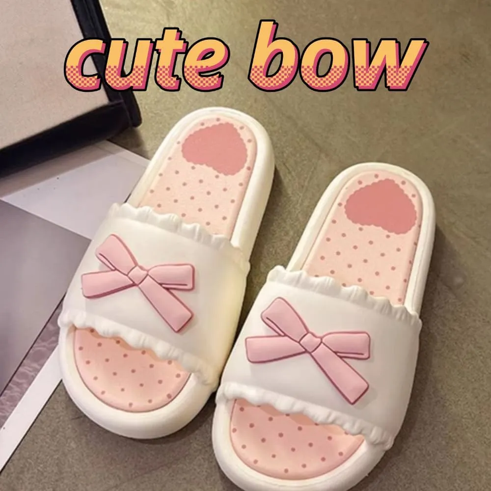 Cute Bow Slippers for Women Sweet Girly Design Soft Eva Thick Sole Non-Slip Indoor & Outdoor Home Slippers Perfect for Summer Days