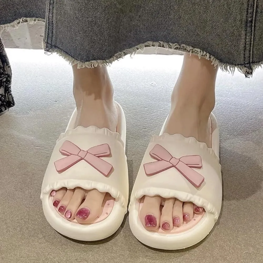 Cute Bow Slippers for Women Sweet Girly Design Soft Eva Thick Sole Non-Slip Indoor & Outdoor Home Slippers Perfect for Summer Days