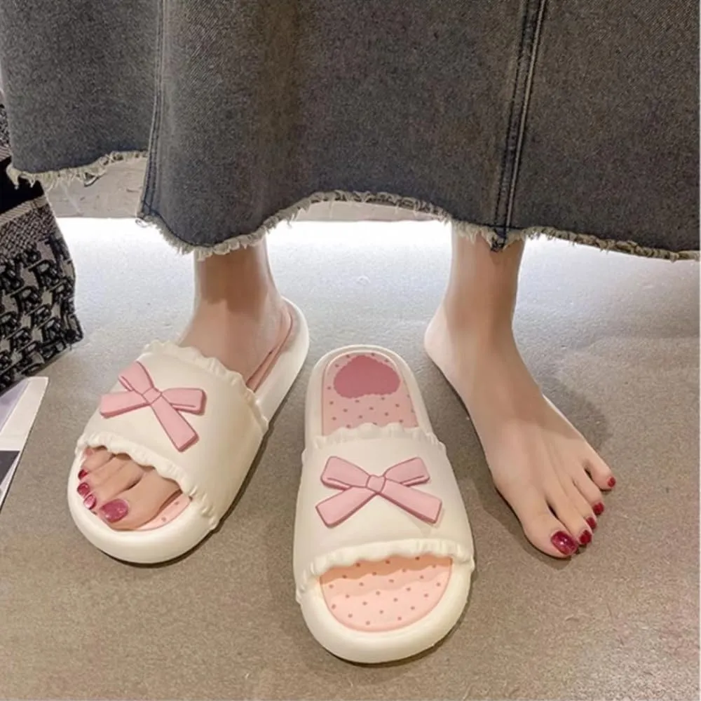 Cute Bow Slippers for Women Sweet Girly Design Soft Eva Thick Sole Non-Slip Indoor & Outdoor Home Slippers Perfect for Summer Days