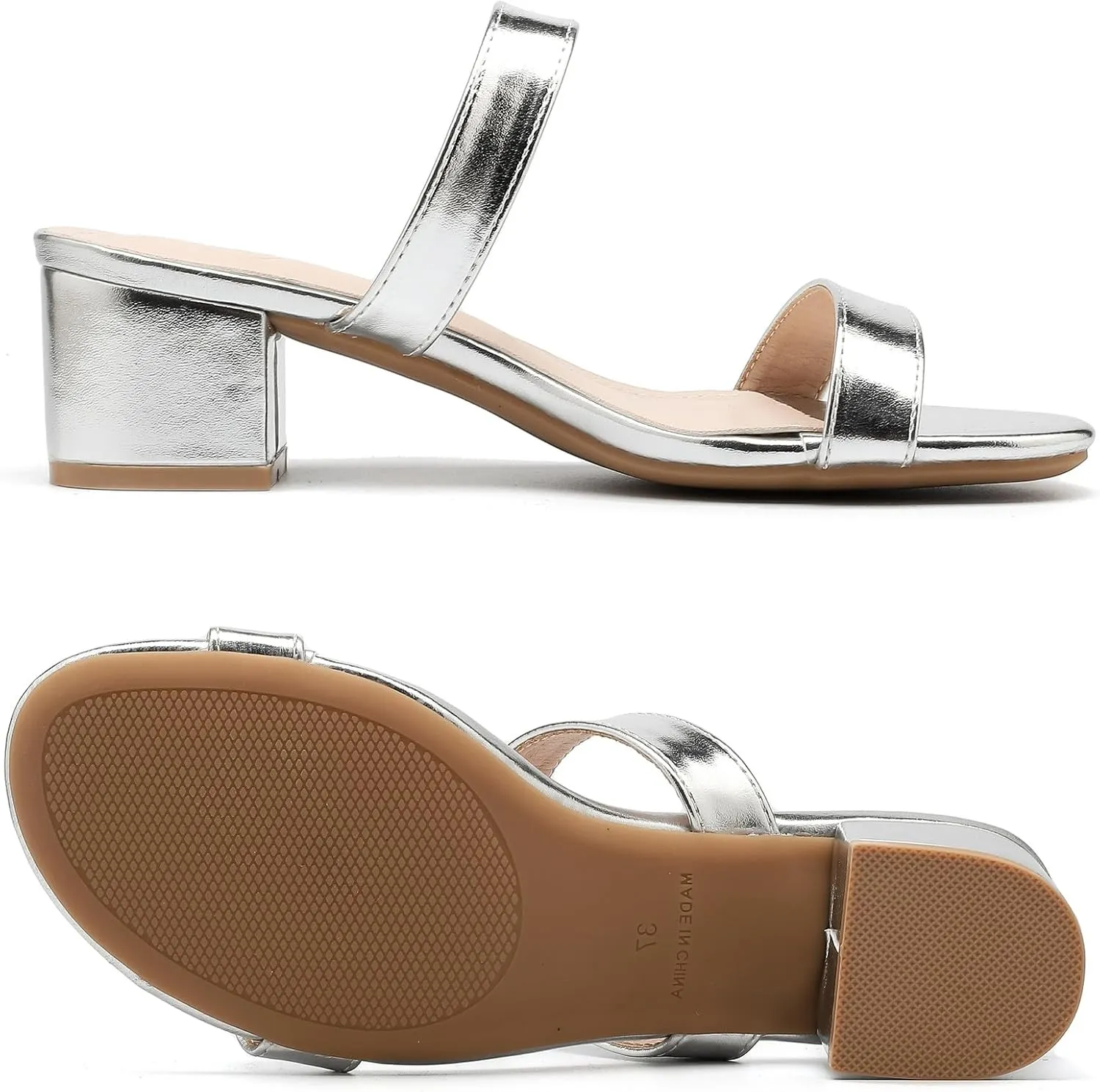 DADAWEN Women's Two Strap Open Toe Slip On Low Chunky Heels Sandals Block Heels Mule Sandals Party Dating Wedding Dress Pumps Shoes