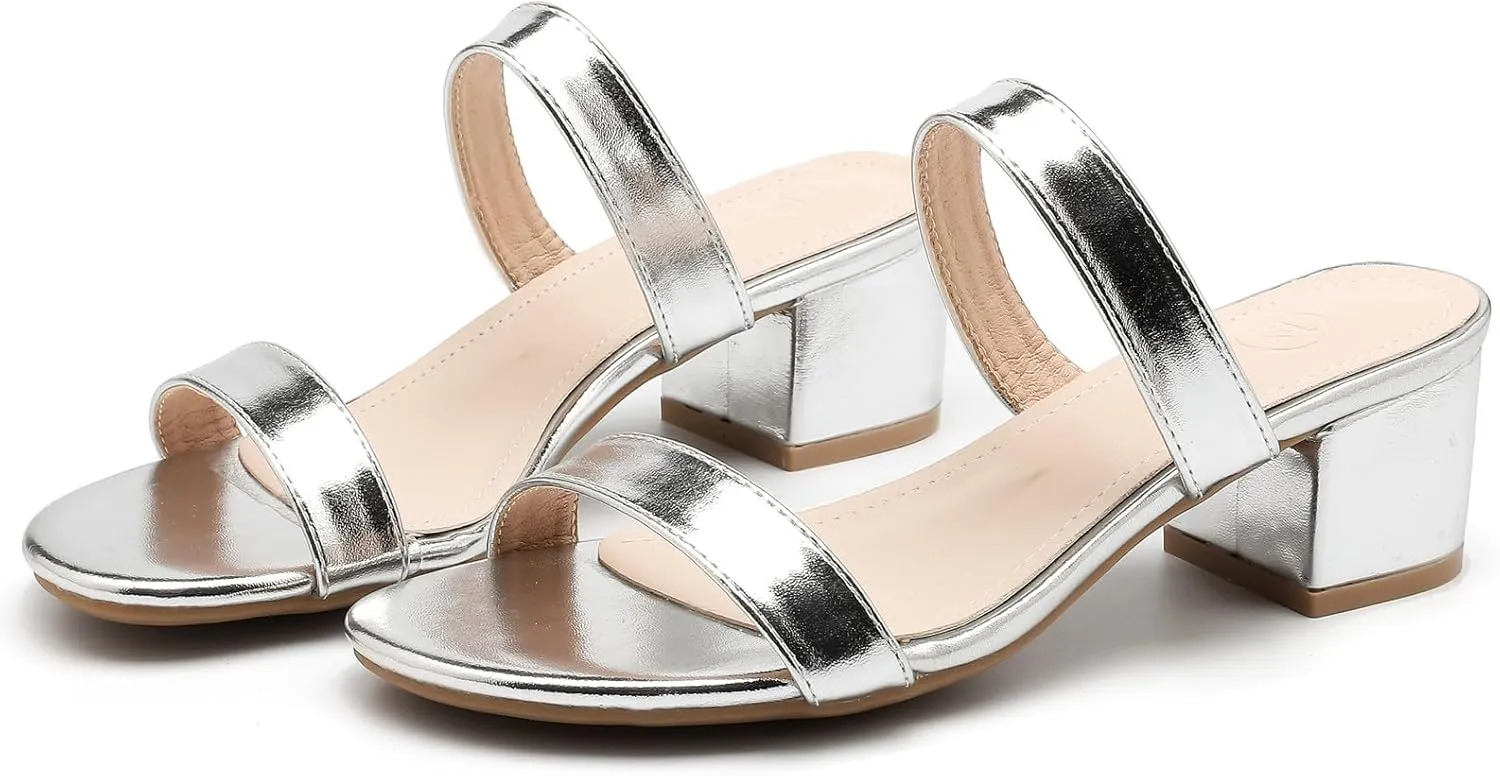 DADAWEN Women's Two Strap Open Toe Slip On Low Chunky Heels Sandals Block Heels Mule Sandals Party Dating Wedding Dress Pumps Shoes