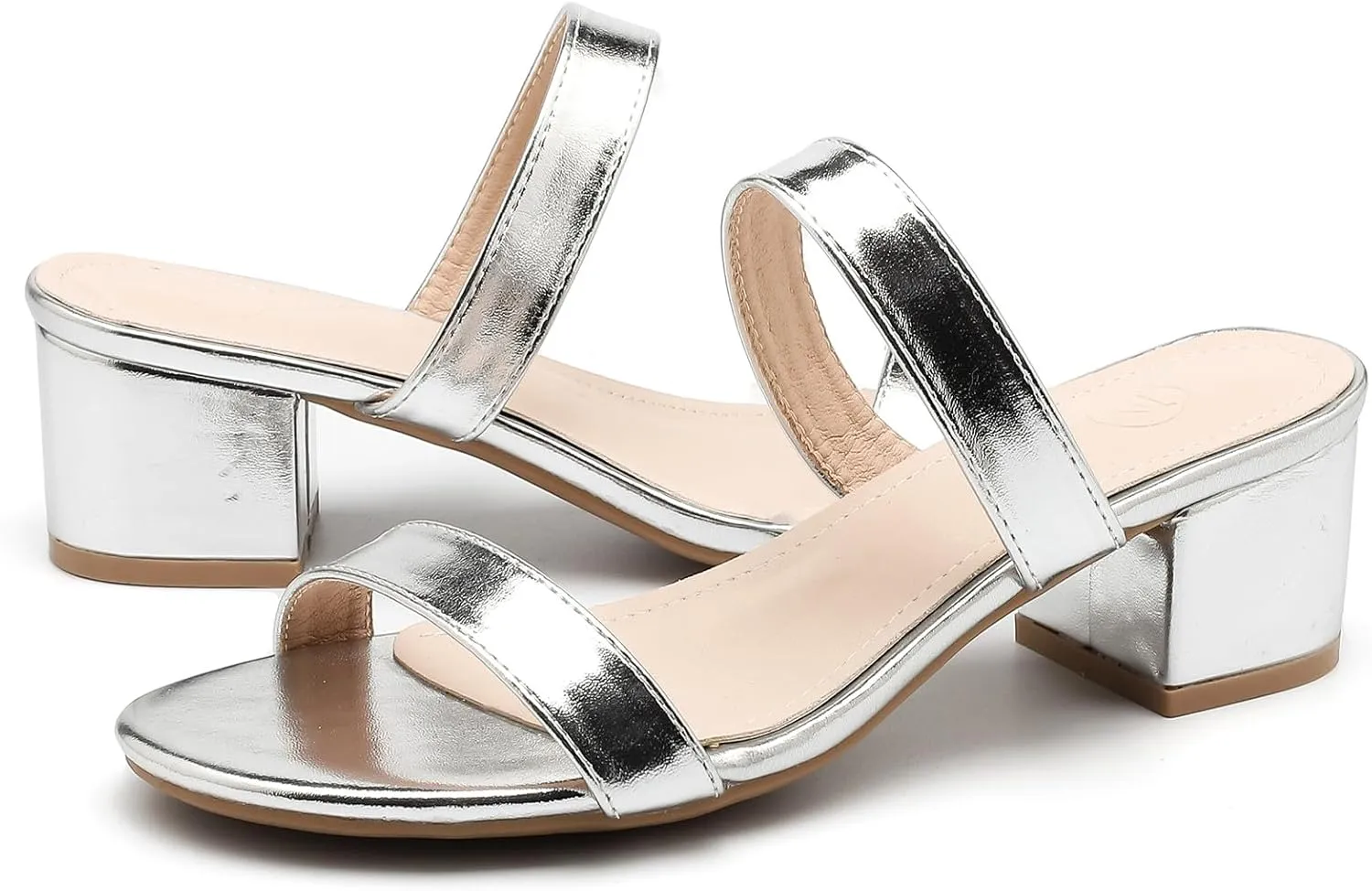 DADAWEN Women's Two Strap Open Toe Slip On Low Chunky Heels Sandals Block Heels Mule Sandals Party Dating Wedding Dress Pumps Shoes