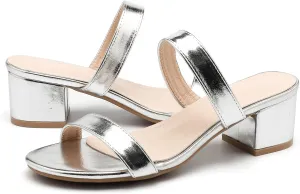 DADAWEN Women's Two Strap Open Toe Slip On Low Chunky Heels Sandals Block Heels Mule Sandals Party Dating Wedding Dress Pumps Shoes