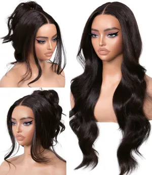 Dark Brown Synthetic Lace Front Wigs Body Wave Glueless Wigs With Bangs Pre Plucked Pre Cut HD Lace 13x5x1 Middle Part Wigs For Woman 26 Inch