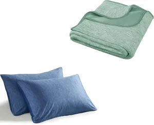 Degrees of Comfort Cooling Blankets Twin Size, Green & Cooling Pillow Cases Standard with Envelope Closure, Blue, Q-max＞0.4, Summer Bedding Set for Hot Sleepers