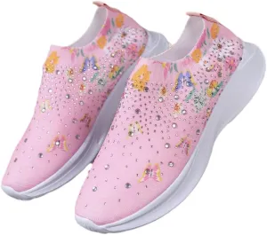 DESESE Women's Rhinestone Stretch Casual Breathable Sneakers Fashion Mesh Walking Shoe Slip-on Loafers