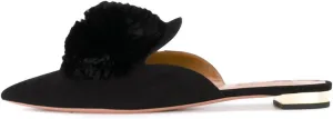 Divanne Mules for Women, Puff Pompom-Embellished Slip On Loafers Backless Pointed Toe Satin Mule Slides