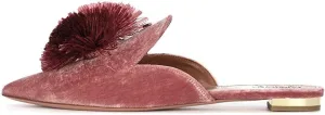 Divanne Mules for Women, Puff Pompom-Embellished Slip On Loafers Backless Pointed Toe Satin Mule Slides