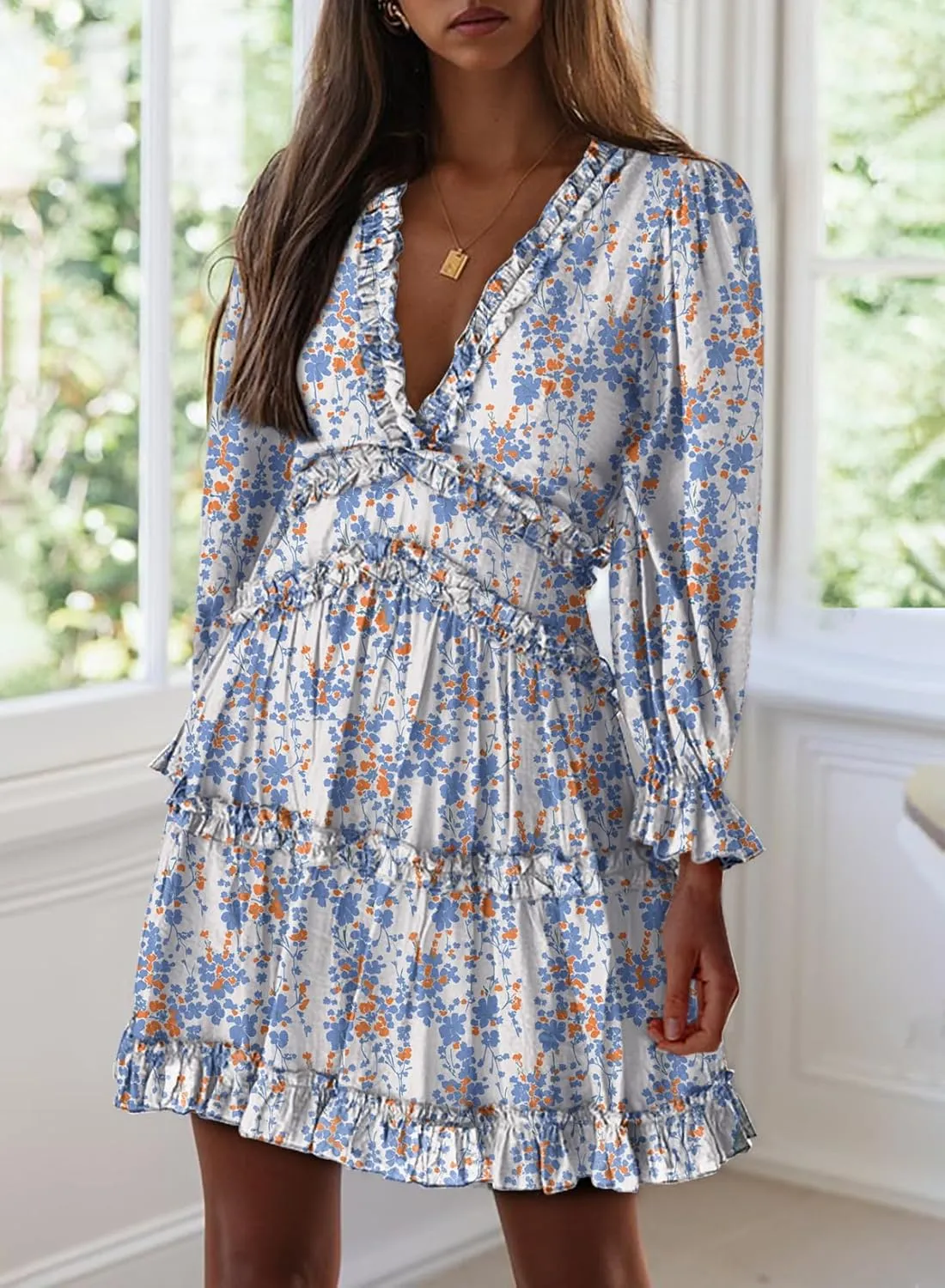 Dokotoo Womens 2025 Spring Summer Deep V Neck Long Sleeve Backless Ruffle Floral Flowy Mini Dress