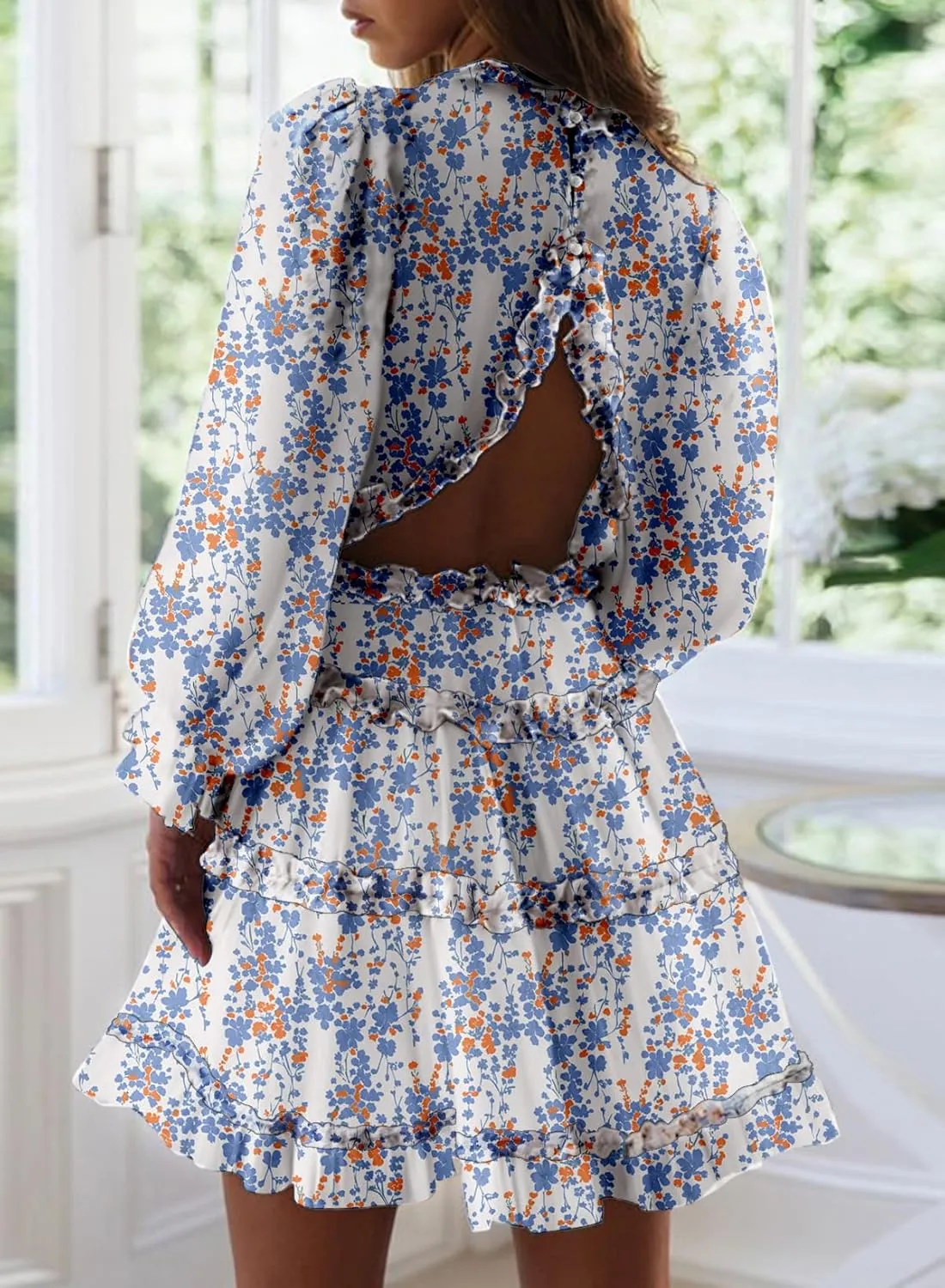 Dokotoo Womens 2025 Spring Summer Deep V Neck Long Sleeve Backless Ruffle Floral Flowy Mini Dress
