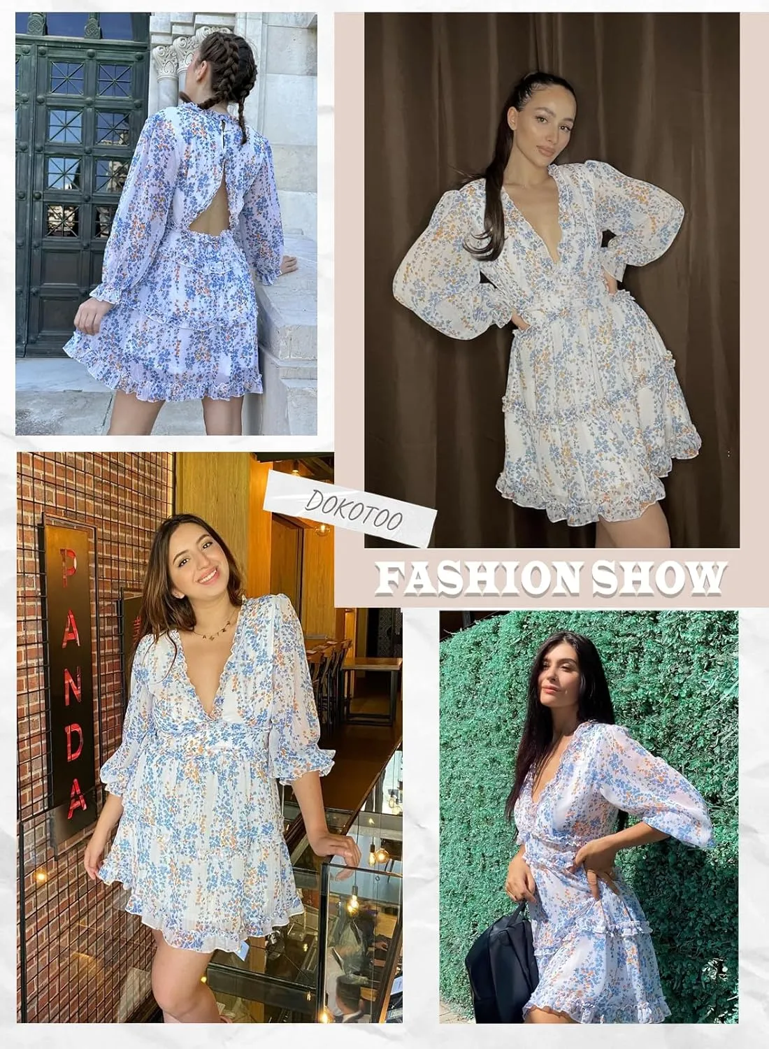 Dokotoo Womens 2025 Spring Summer Deep V Neck Long Sleeve Backless Ruffle Floral Flowy Mini Dress