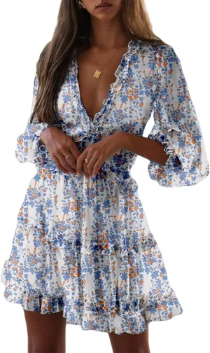 Dokotoo Womens 2025 Spring Summer Deep V Neck Long Sleeve Backless Ruffle Floral Flowy Mini Dress