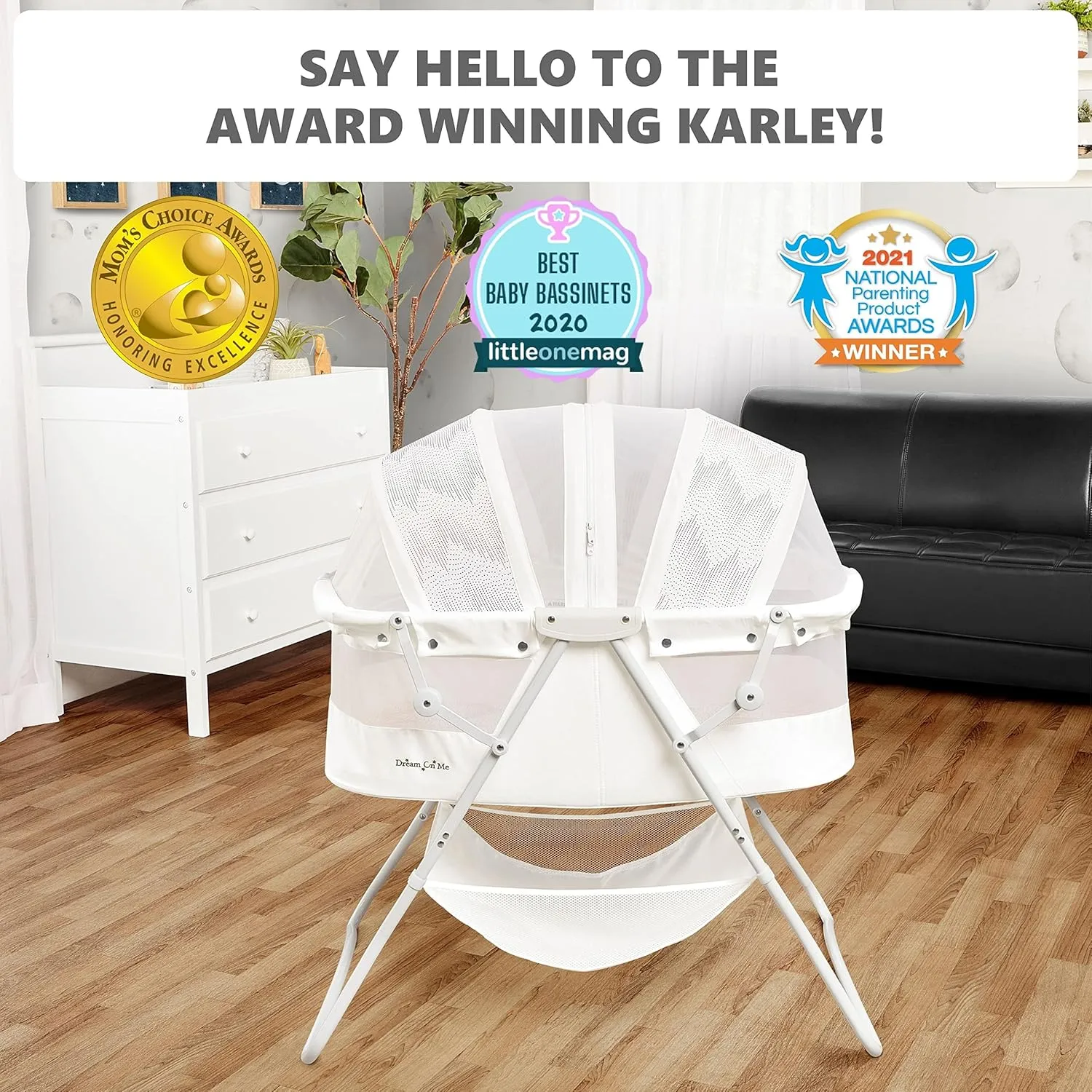 Dream On Me Karley Bassinet in Dove White, Lightweight Portable Baby Bassinet, Quick Fold and Easy to Carry, Adjustable Double Canopy, Indoor and Outdoor Bassinet with Large Storage Basket.