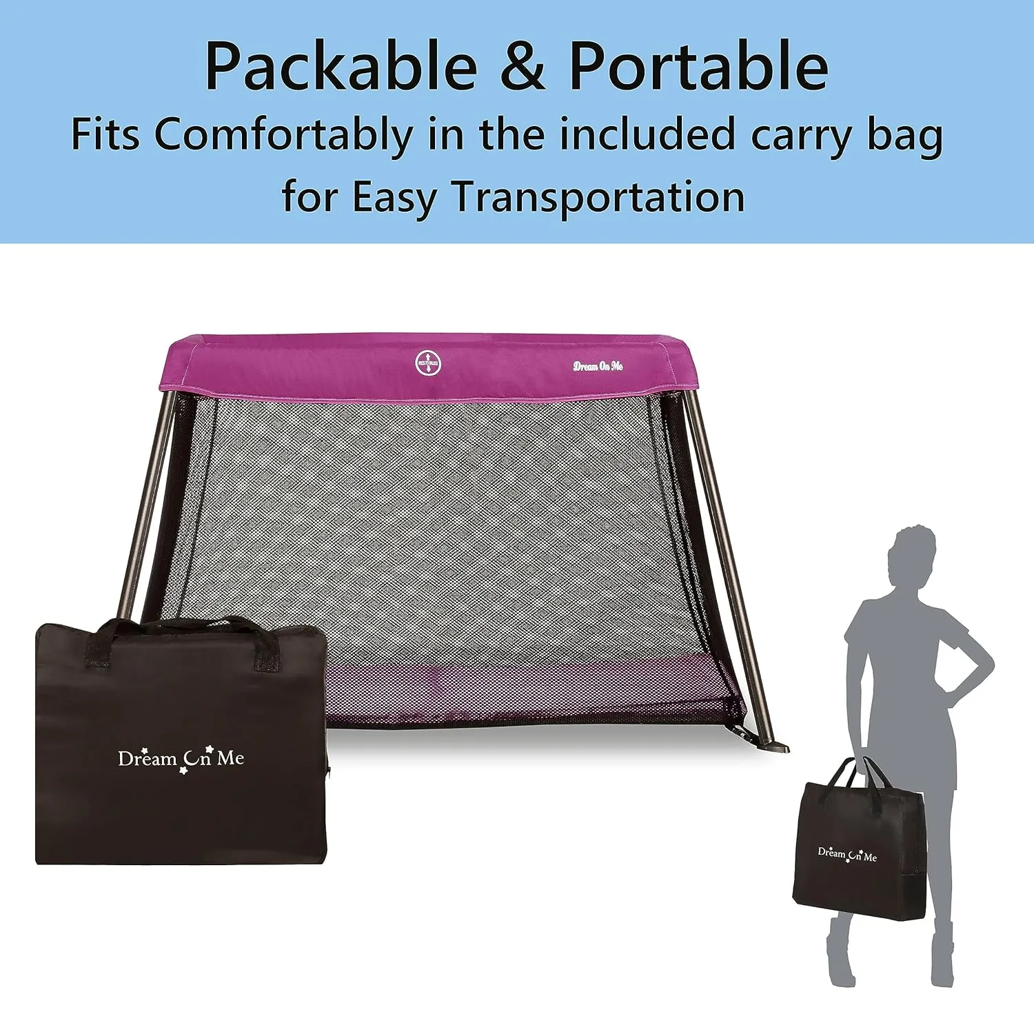 Dream On Me Travel Light Playard in Pink, Lightweight, Portable and Easy to Carry Baby Playard, Indoor and Outdoor - With a Soft and Comfortable Mattress Pad