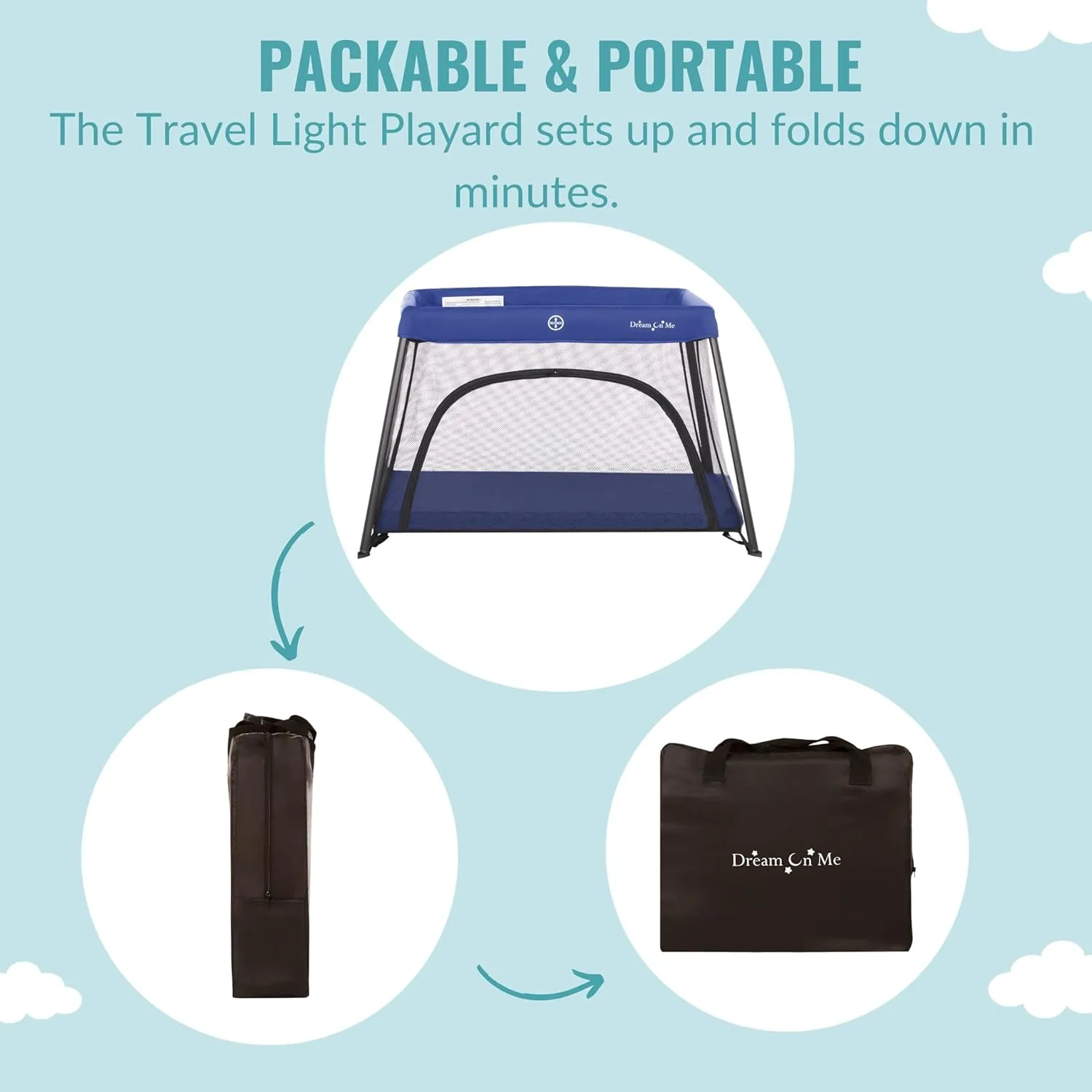Dream On Me Travel Light Playard with Mesh Zipper Door in Navy