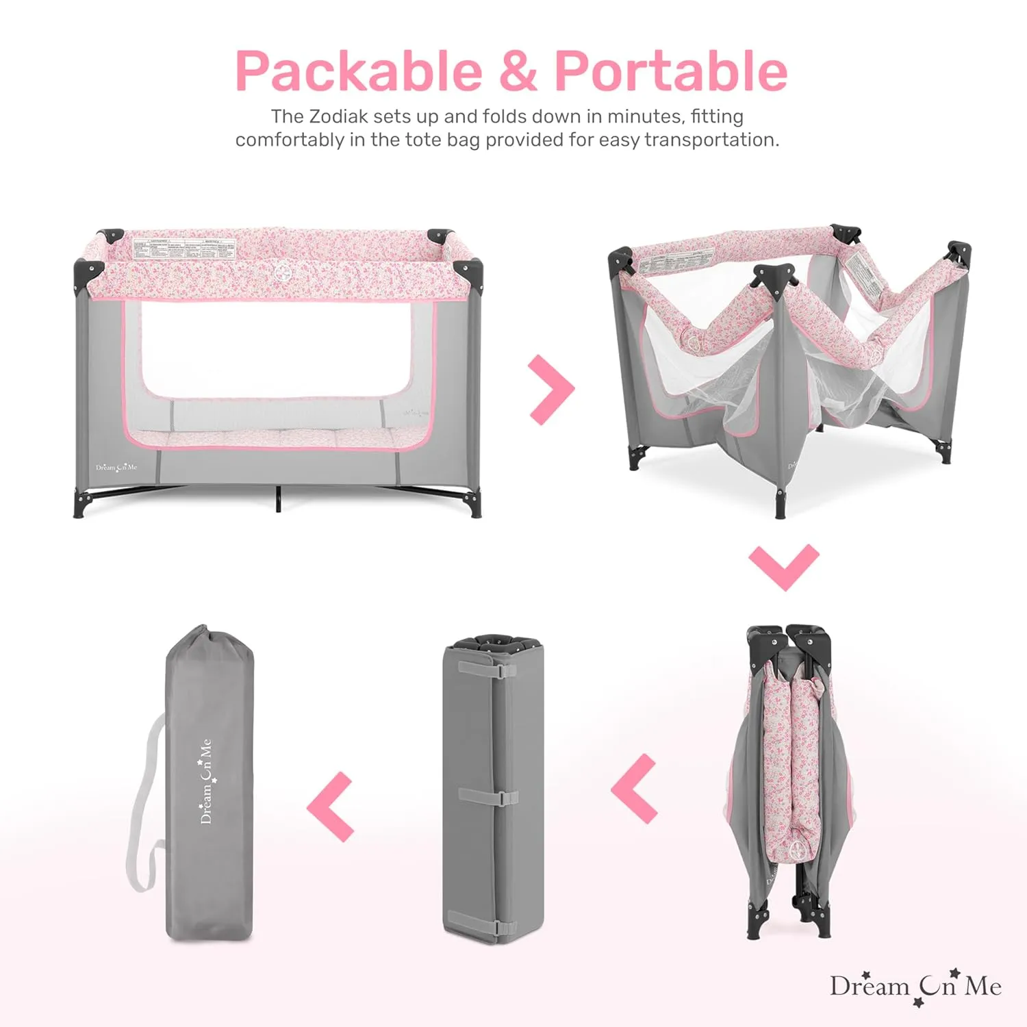 Dream On Me Zodiak Portable Playard in Grey and Pink, Lightweight, Packable and Easy Setup Baby Playard, Breathable Mesh Sides and Soft Fabric - Comes with a Removable Padded Mat