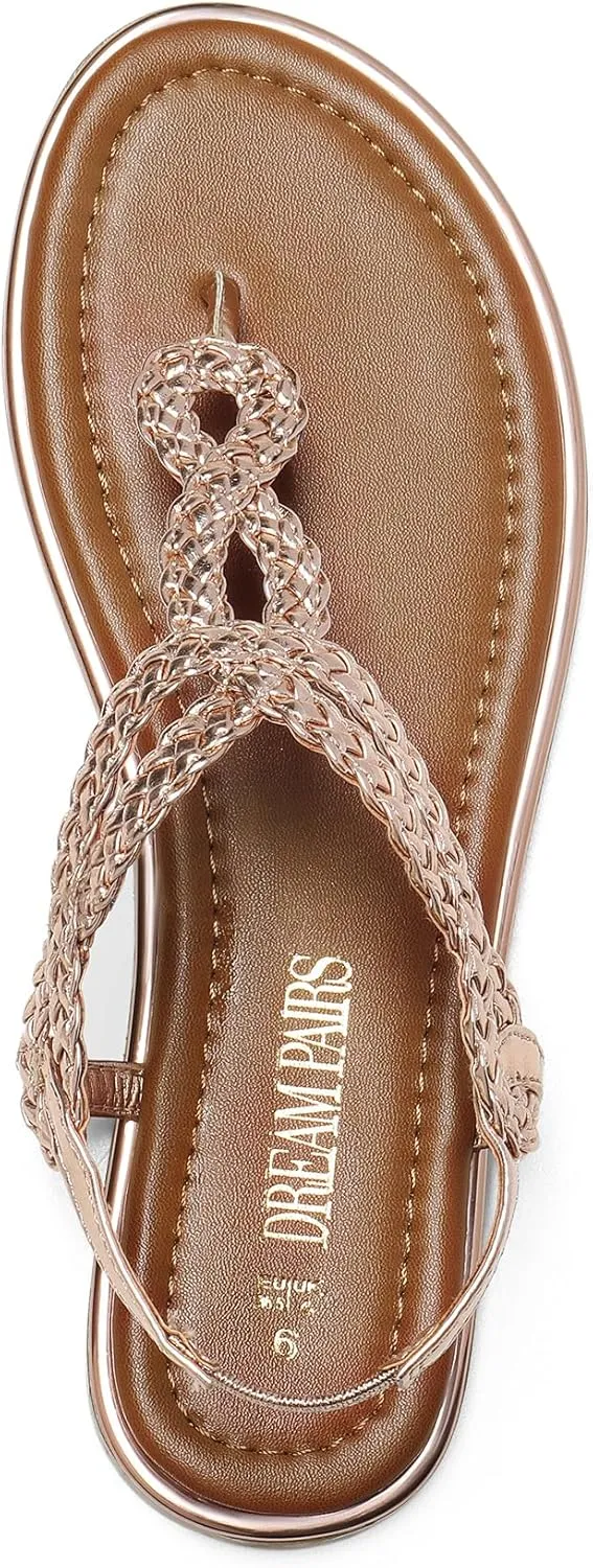 DREAM PAIRS Women's Flat Sandals Dressy Summer Stappy Comfortable Ankle Elastic T-Strap Beach Thong Sandals